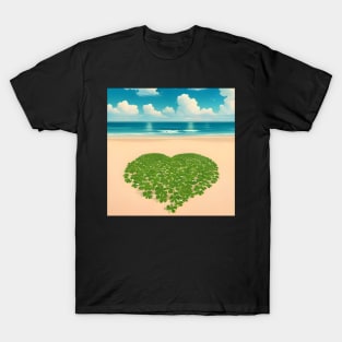 Heart Shaped Four Leaf Clover Patch On Beach 5 T-Shirt